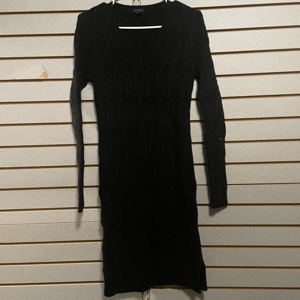 Ann Taylor Small Black Sweater Dress Long Sleeve V Neck Slit Knee Length Wool B